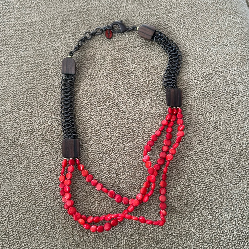 Nature Brand Coral Beads Teak & Oxidized Chain 20” Necklace (TD)